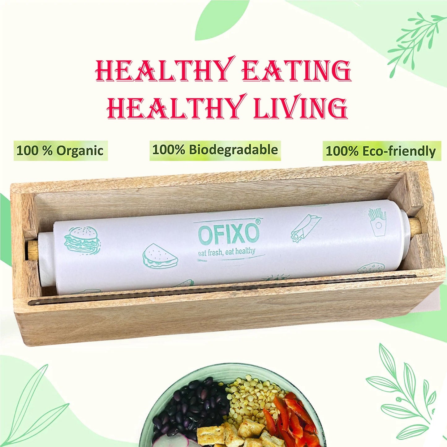 OFIXO Wooden Dispenser & Cutter for Multipurpose Aluminium Foil, Food Wrapping Paper, Butter Paper Cutter Kitchen Drawer, Bamboo Roll Organizer Holder - OFIXO