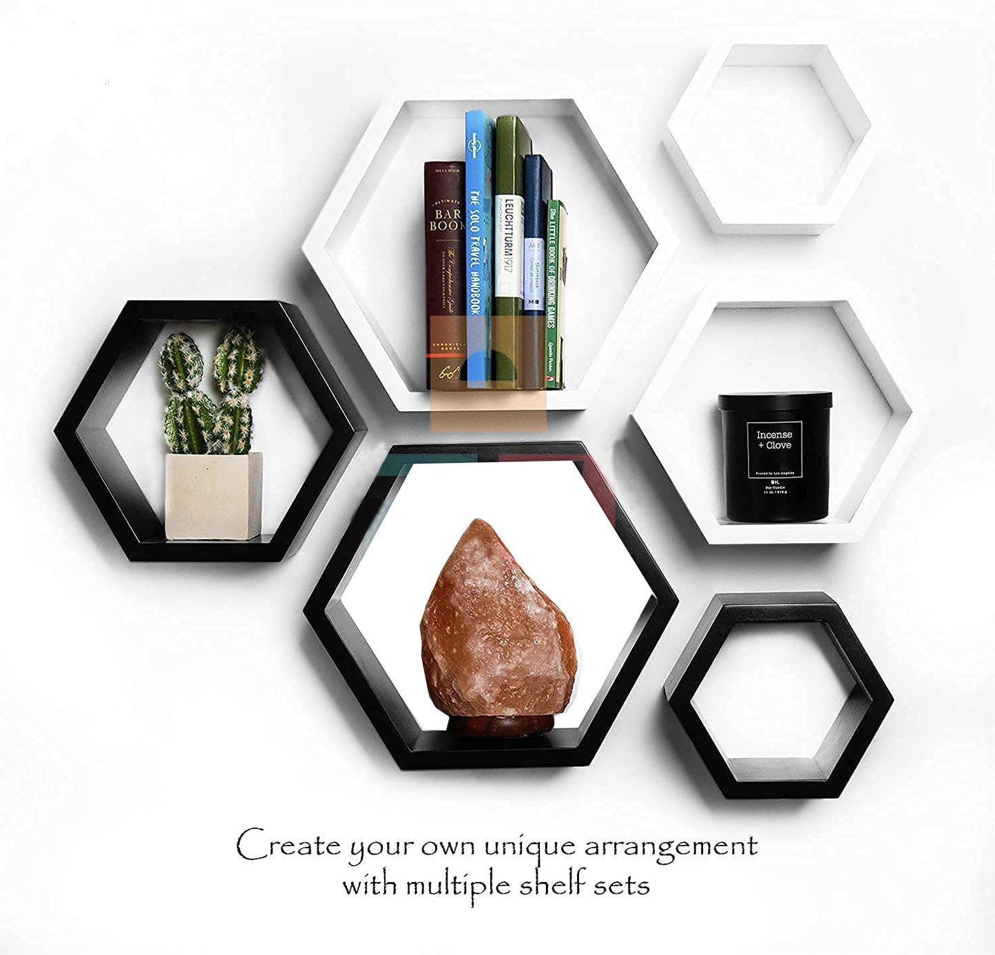 Hexagon Wall Shelves Wooden Shelf Home Decor Items Rack for Living Room, Bedroom, Kitchen Corner, Office and More (Set of 6 | Size- Standard | Colour- Black & White)