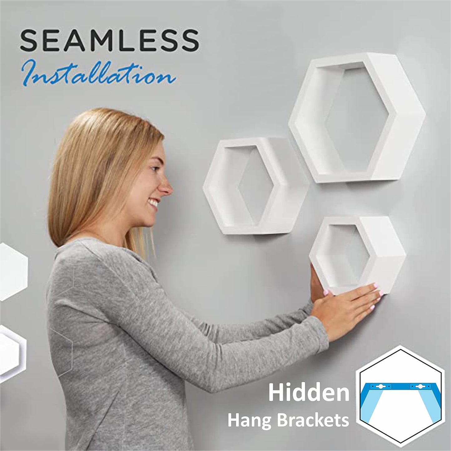 Hexagon Wall Shelves Wooden Shelf Home Decor Items Rack for Living Room, Bedroom, Kitchen Corner, Office and More (Set of 6 | Size- Standard | Colour- Sky Blue & White)