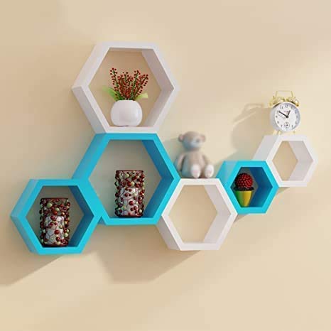 Hexagon Wall Shelves Wooden Shelf Home Decor Items Rack for Living Room, Bedroom, Kitchen Corner, Office and More (Set of 6 | Size- Standard | Colour- Sky Blue & White)