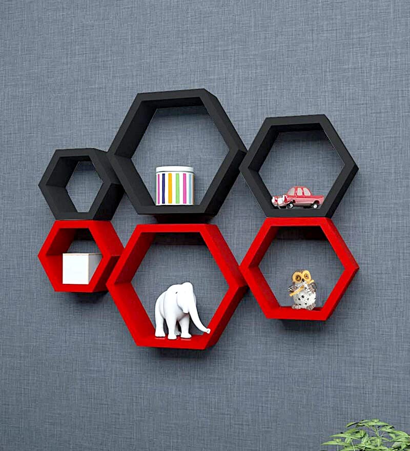 Hexagon Wall Shelves Wooden Shelf Living Room, Bedroom, Kitchen Corner, Office and More (Set of 6 | Size- Standard | Colour- Red & Black)