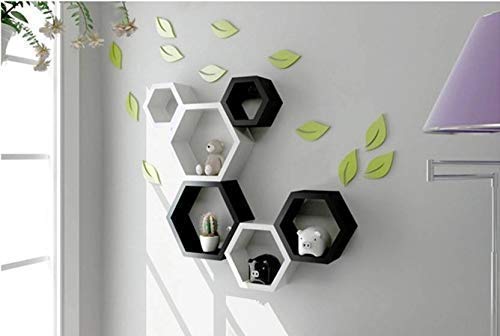 Hexagon Wall Shelves Wooden Shelf Home Decor Items Rack for Living Room, Bedroom, Kitchen Corner, Office and More (Set of 6 | Size- Standard | Colour- Black & White)