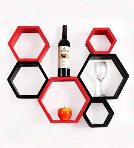 Hexagon Wall Shelves Wooden Shelf Living Room, Bedroom, Kitchen Corner, Office and More (Set of 6 | Size- Standard | Colour- Red & Black)