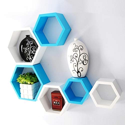 Hexagon Wall Shelves Wooden Shelf Home Decor Items Rack for Living Room, Bedroom, Kitchen Corner, Office and More (Set of 6 | Size- Standard | Colour- Sky Blue & White)