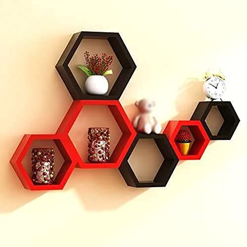 Hexagon Wall Shelves Wooden Shelf Living Room, Bedroom, Kitchen Corner, Office and More (Set of 6 | Size- Standard | Colour- Red & Black)