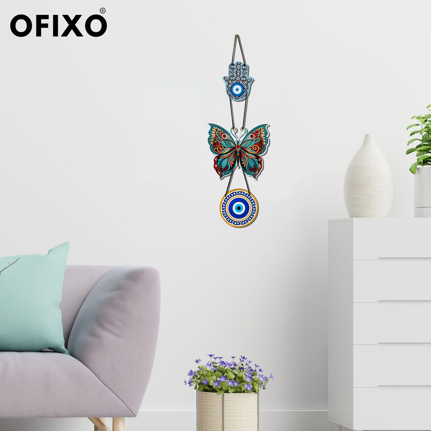 Butterfly Evil Eye Decorative Wall Hanging Art MDF Wooden Wall Hanger for Livingroom | Diwali Decor | Bedroom | Wall Art for Home Décor | Office | Café | Gift (Multi-color)