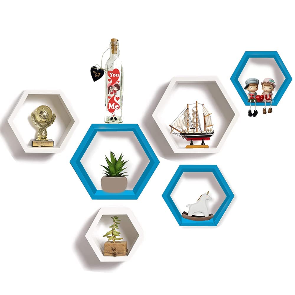 Hexagon Wall Shelves Wooden Shelf Home Decor Items Rack for Living Room, Bedroom, Kitchen Corner, Office and More (Set of 6 | Size- Standard | Colour- Sky Blue & White)