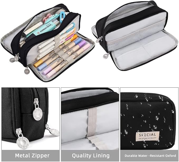 Large Pencil Case Big Capacity 3 Compartments Canvas Pencil Pouch for Teen Boys Girls School Students (Black)