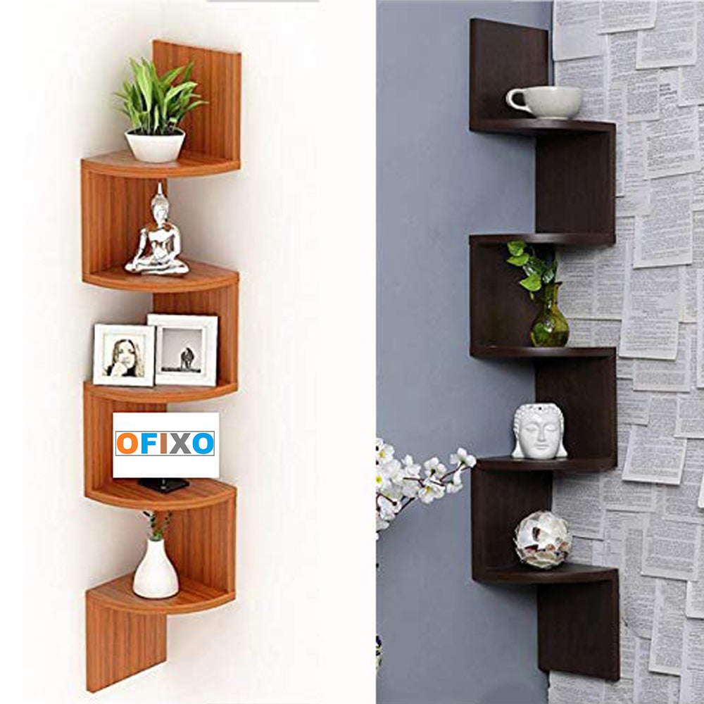 Wooden Wall Shelves Corner Hanging Shelf for Living Room Stylish Zig Zag Home Decor Floating Display Rack Storage Organizer Unique Design with Teak Natural Finish 5 Tiers (Set of 2)