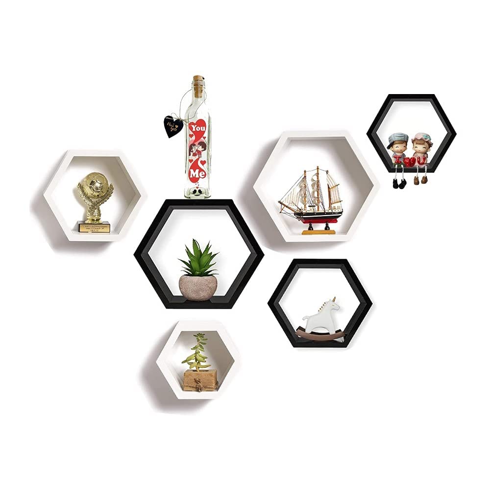 Hexagon Wall Shelves Wooden Shelf Home Decor Items Rack for Living Room, Bedroom, Kitchen Corner, Office and More (Set of 6 | Size- Standard | Colour- Black & White)