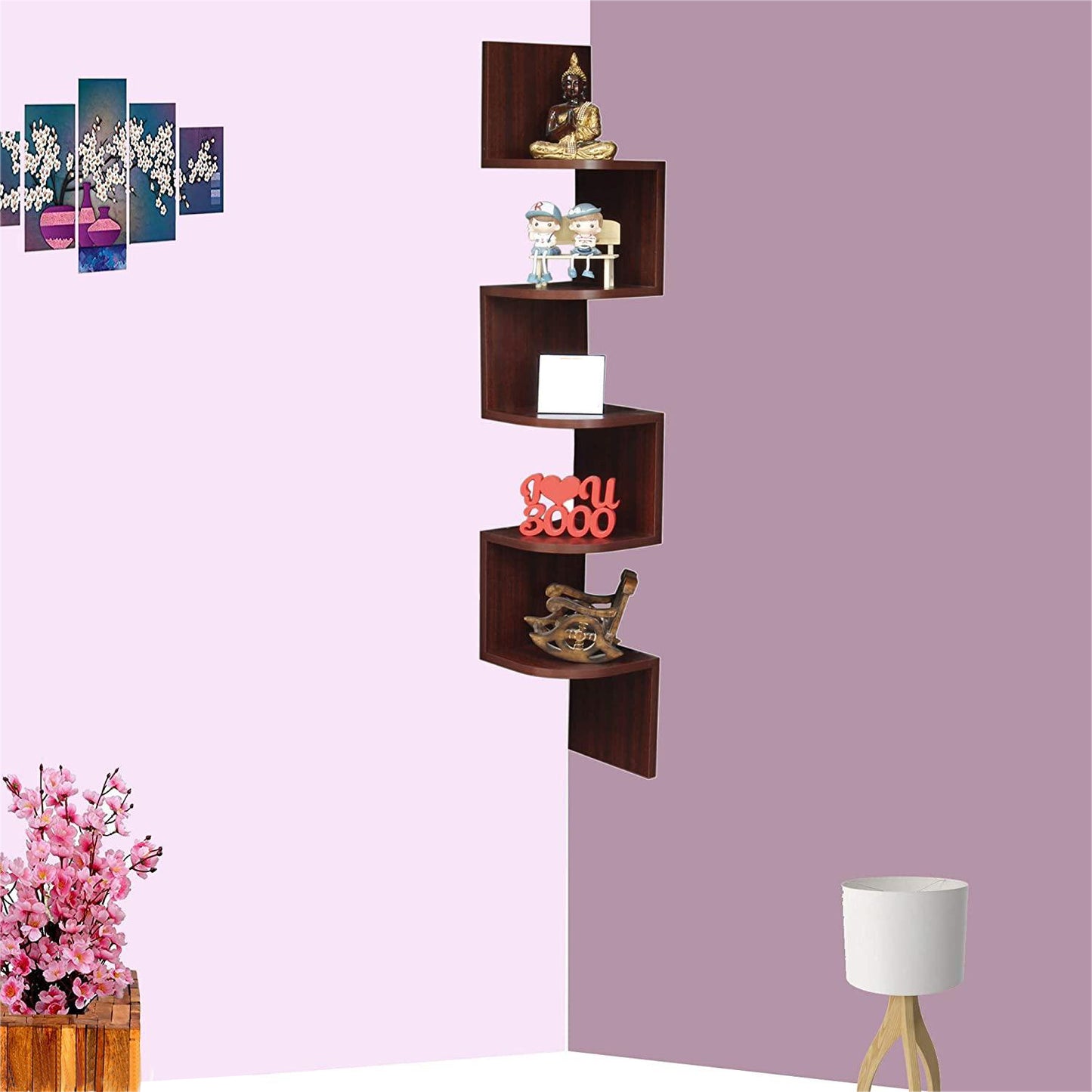 Home Decor Corner Wall Shelves with 5 Tiers (Finish-Mahogany, Set of 2)