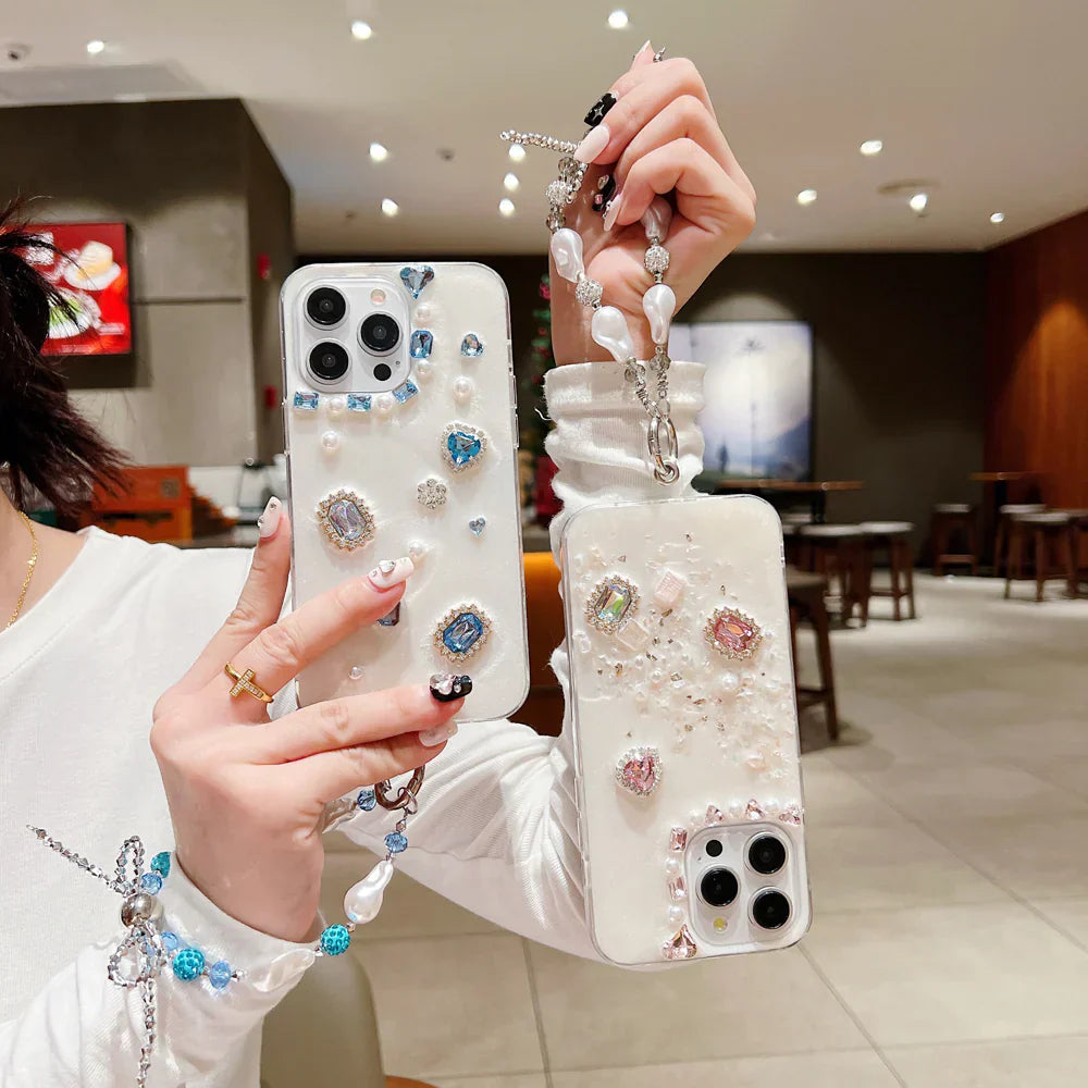 iPhone case with white rubber gel coating and colorful stones