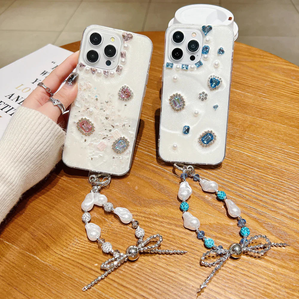 iPhone case with white rubber gel coating and colorful stones