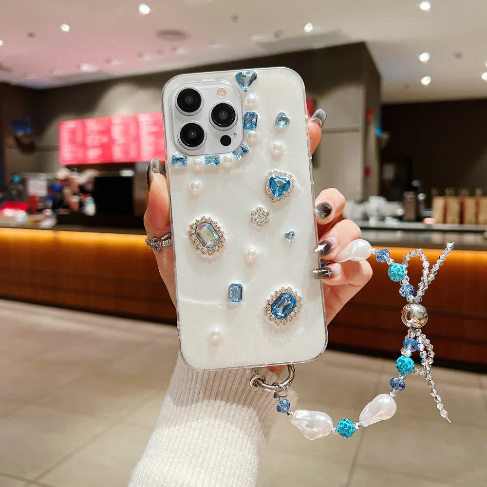 iPhone case with white rubber gel coating and colorful stones