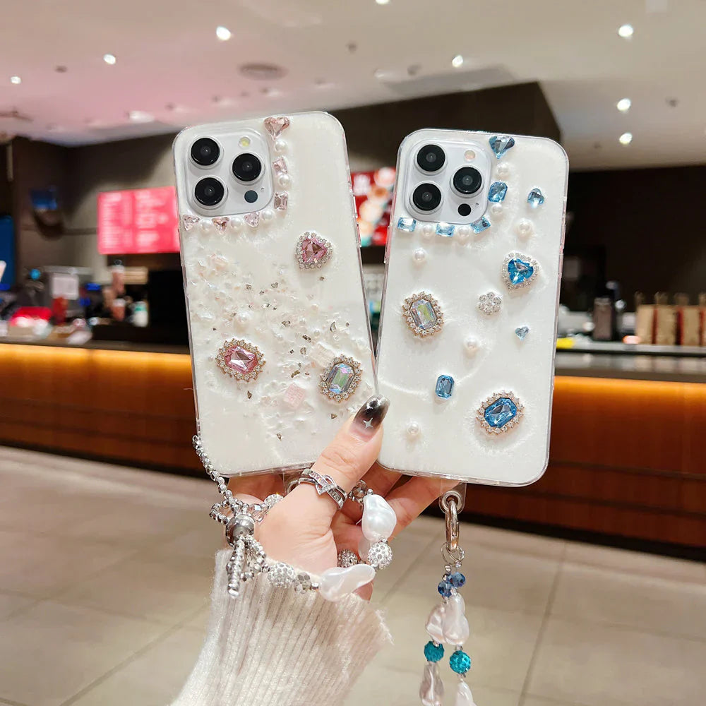 iPhone case with white rubber gel coating and colorful stones