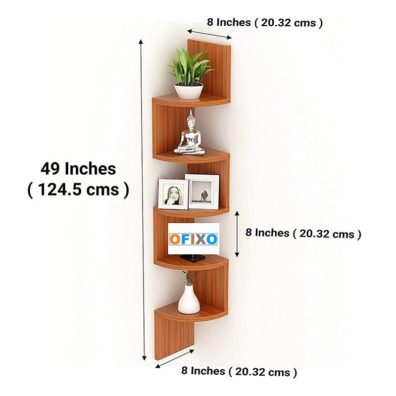Furniture Cafe Wooden Wall Shelves Corner Hanging Shelf, for Living Room Stylish Zig Zag Home Decor Floating Display Rack Storage Organizer Unique Design with Teak Natural Finish 5 Tiers (Set of 2) - OFIXO