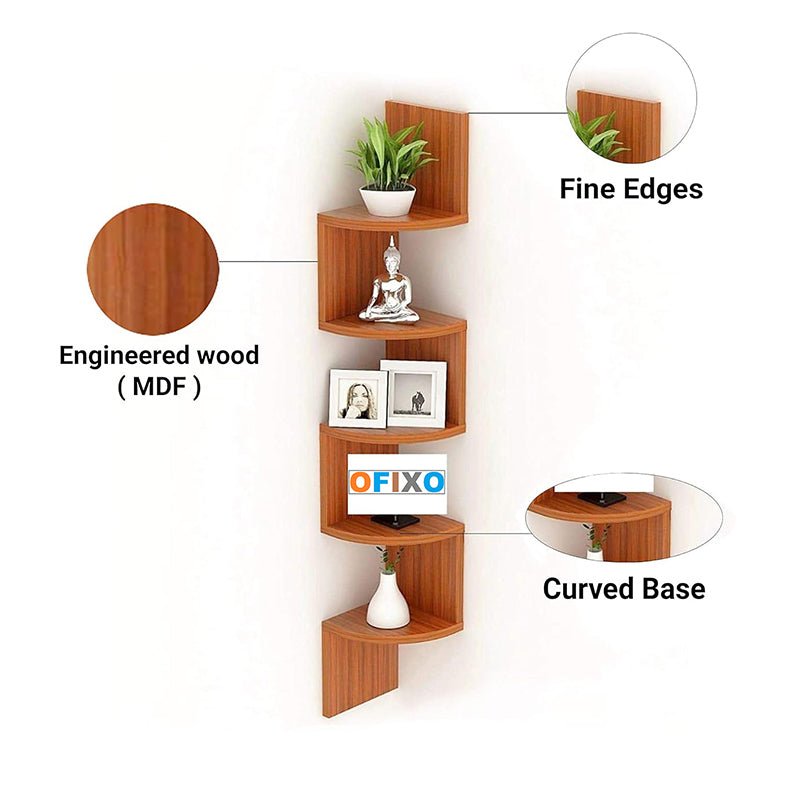 Furniture Cafe Wooden Wall Shelves Corner Hanging Shelf, for Living Room Stylish Zig Zag Home Decor Floating Display Rack Storage Organizer Unique Design with Teak Natural Finish 5 Tiers (Set of 2) - OFIXO