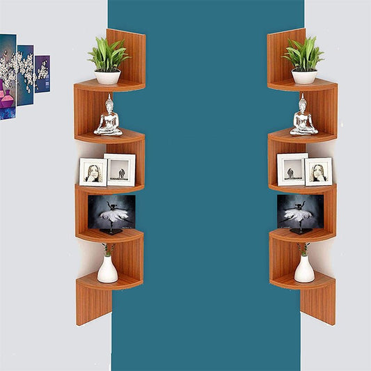 Furniture Cafe Wooden Wall Shelves Corner Hanging Shelf, for Living Room Stylish Zig Zag Home Decor Floating Display Rack Storage Organizer Unique Design with Teak Natural Finish 5 Tiers (Set of 2) - OFIXO