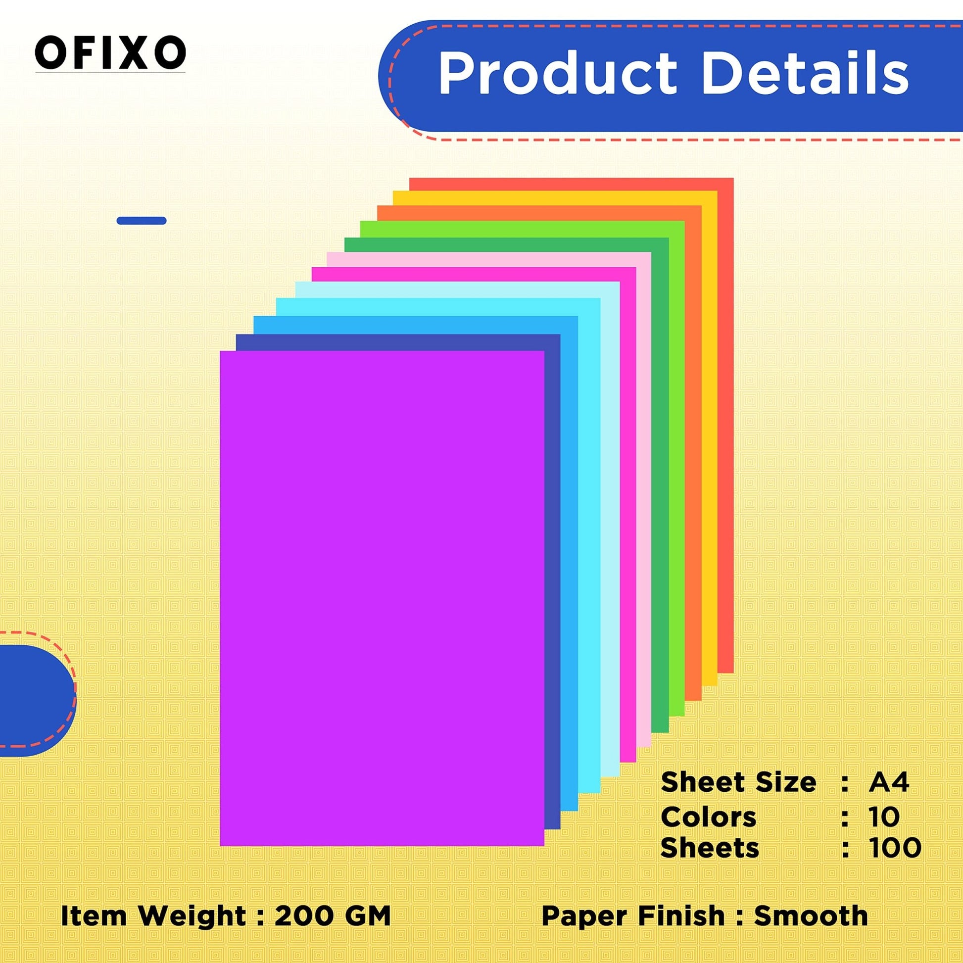 OFIXO 100 Pieces Colour Sheets Copy Printing Papers/Art and Craft Paper A4 Sheets Double Sided Coloured Origami Folding DIY Craft Smooth Finish Home, School, Office Stationery (10 Sheets each color) - OFIXO