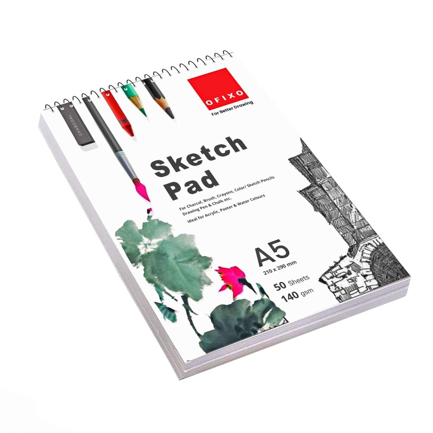 OFIXO 50 Sheet A5 Sketchbook (Pack of 1) -5.8 x 8.3 Inch 140 GSM| Top Spiral-Bound Sketchpad for Artists | Sketching and Drawing Acid Free Paper for Academic use Oil;Acrylic - OFIXO