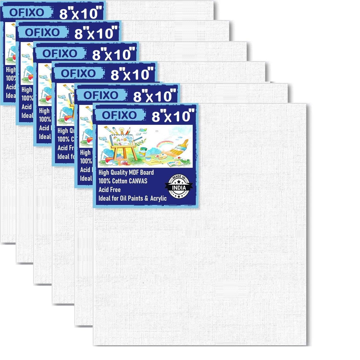 OFIXO Cotton Canvas Board Medium Grain 6 X 6 Inch - Pack of 6 - White - OFIXO