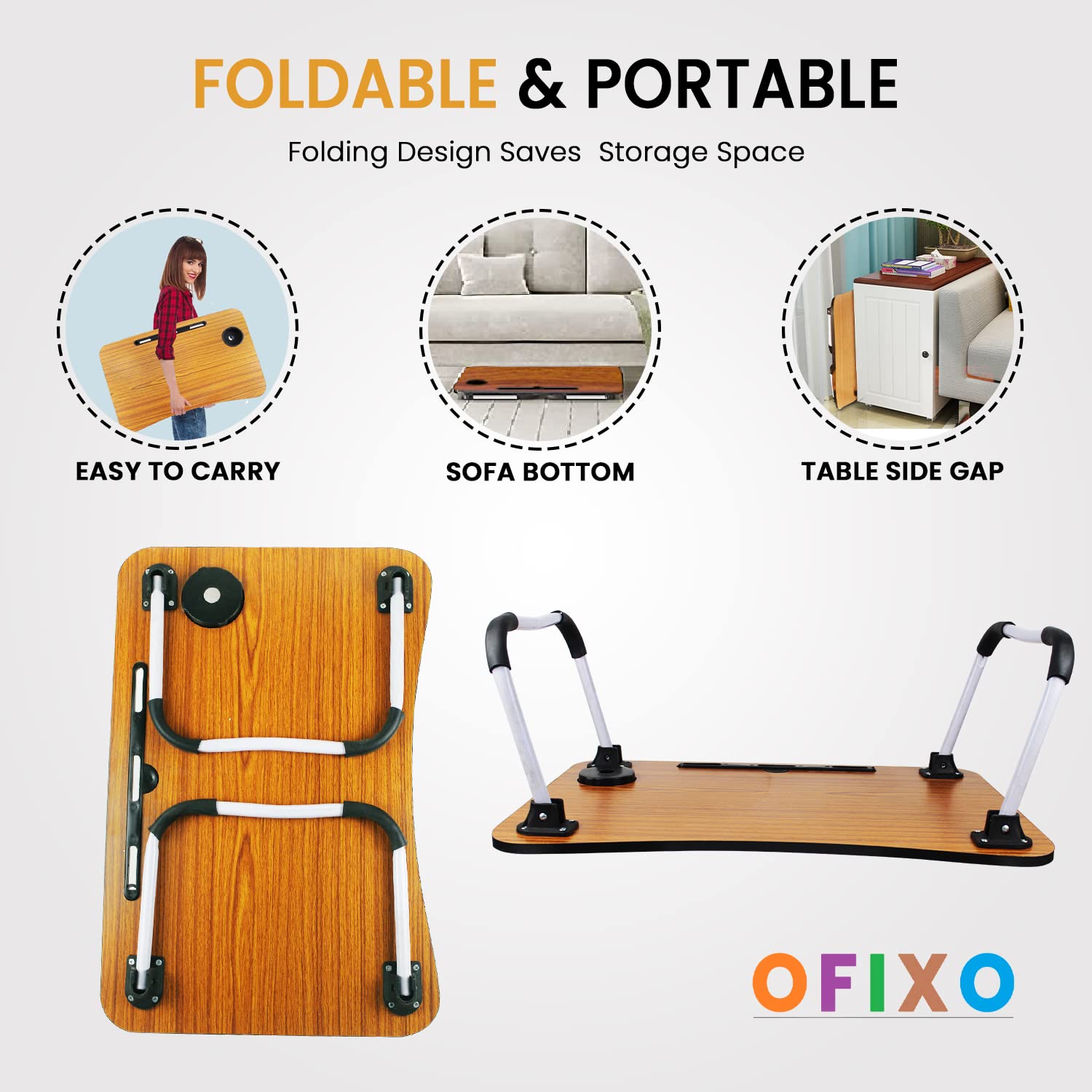 OFIXO Multi-Purpose Foldable Laptop Table with Cup Holder Laptop Table/Study Table/Bed Table/Foldable and Portable Wooden/Writing Desk (Wooden) - OFIXO