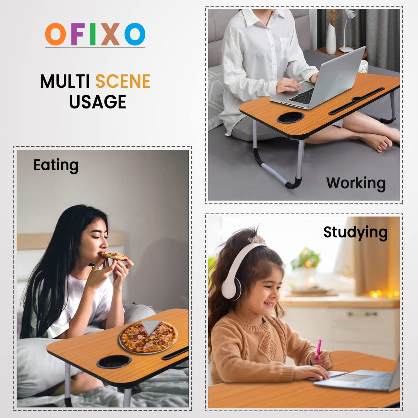 OFIXO Multi-Purpose Foldable Laptop Table with Cup Holder Laptop Table/Study Table/Bed Table/Foldable and Portable Wooden/Writing Desk (Wooden) - OFIXO