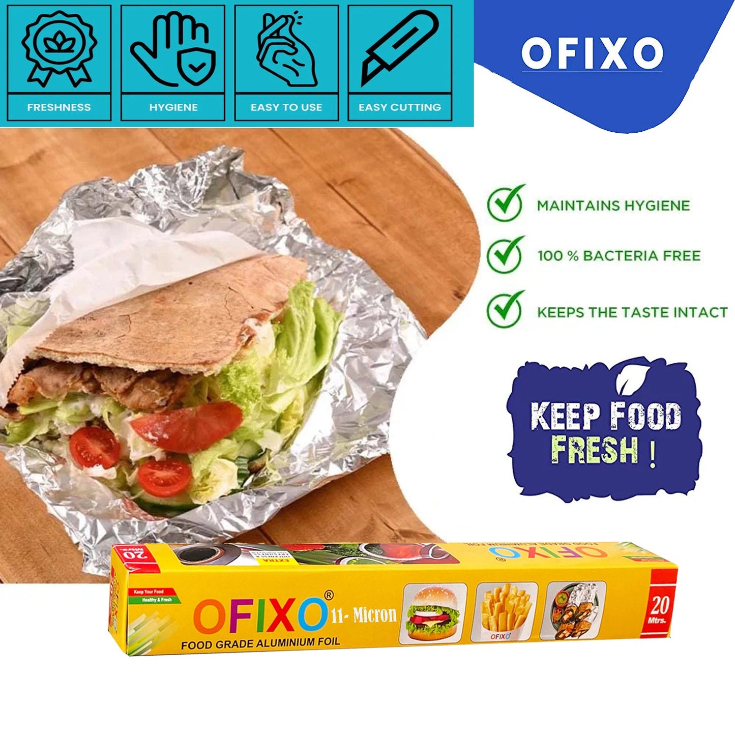 OFIXO Multipurpose Aluminium Foil Wrapping Food Paper | 20 Meter with 11 Micron | Perfect Food Wrapping Foil Paper for Cooking, Baking, Packing and Serving Foods_Pack of 1 - OFIXO