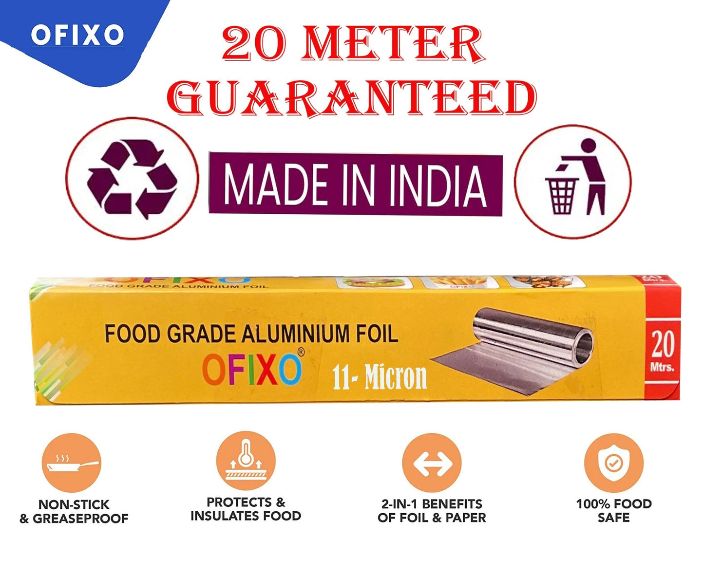 OFIXO Multipurpose Aluminium Foil Wrapping Food Paper | 20 Meter with 11 Micron | Perfect Food Wrapping Foil Paper for Cooking, Baking, Packing and Serving Foods_Pack of 1 - OFIXO