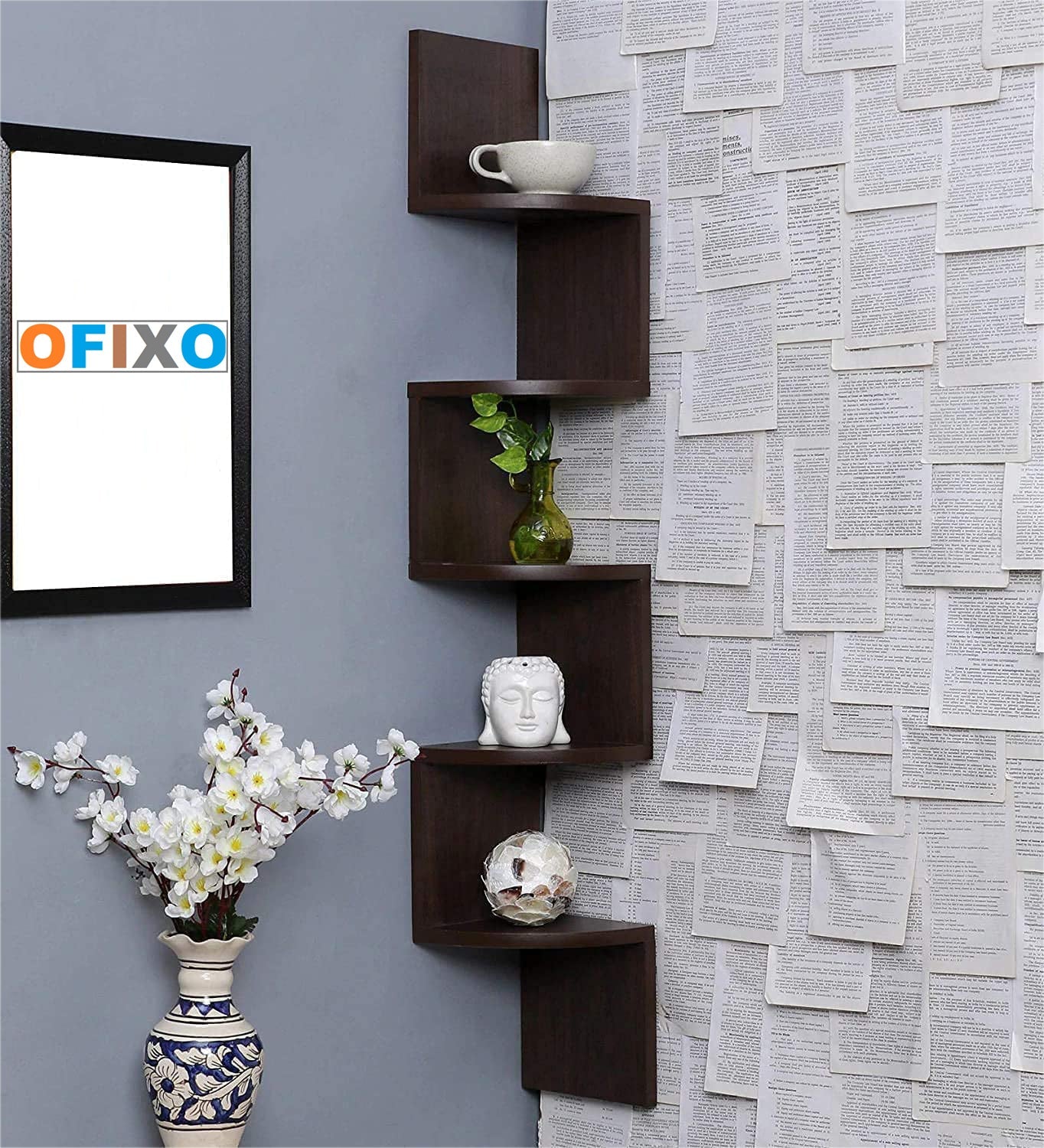 OFIXO Wooden Wall Shelves | Corner Hanging Shelf for Living Room Stylish | Zig Zag Home Decor Floating Display Rack Storage Organizer Unique Design with Finish 5 Tiers (Brown Finish) - OFIXO
