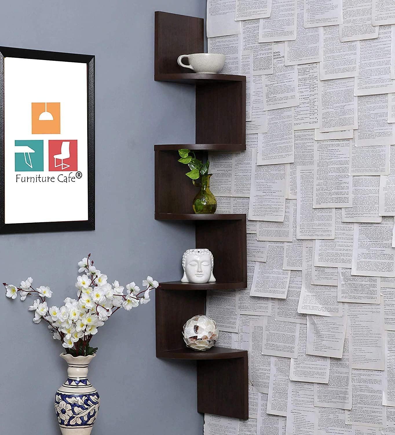 OFIXO Wooden Wall Shelves | Corner Hanging Shelf for Living Room Stylish | Zig Zag Home Decor Floating Display Rack Storage Organizer Unique Design with Finish 5 Tiers (Brown Finish) - OFIXO